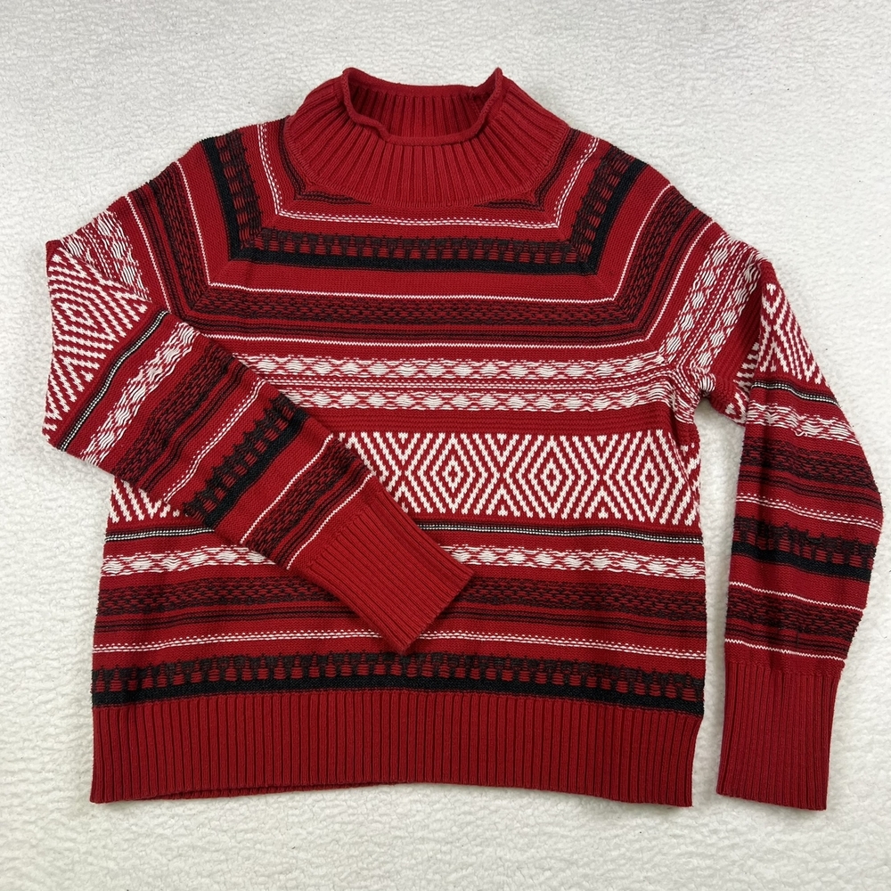 Chaps Sweater Womens XL Red Geometric Knit Pullover Crewneck Holiday Pattern